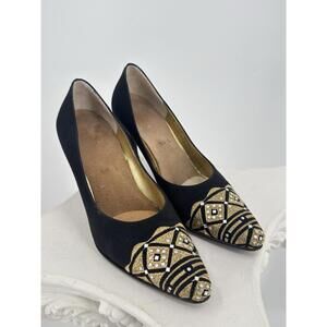St. John Vintage Black Gold Rhinestone Toe High Heels Sz 5.5 (Includes Box)